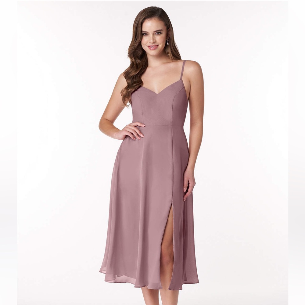 Azazie Clarissa A-line V-Neck Tea Length Dusty Rose w/ slit Bridesmaids Dress